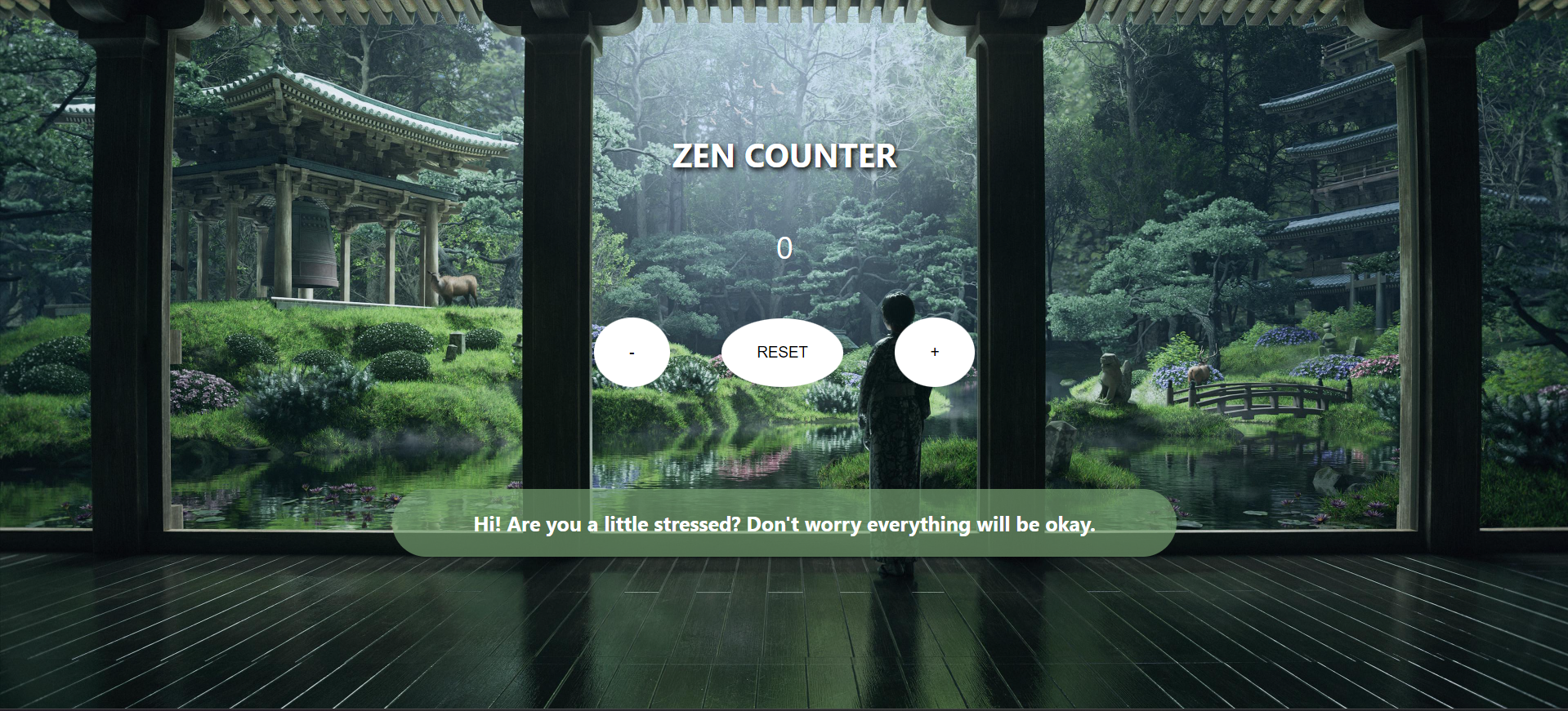  counter with zen garden background with a woman admiring it 